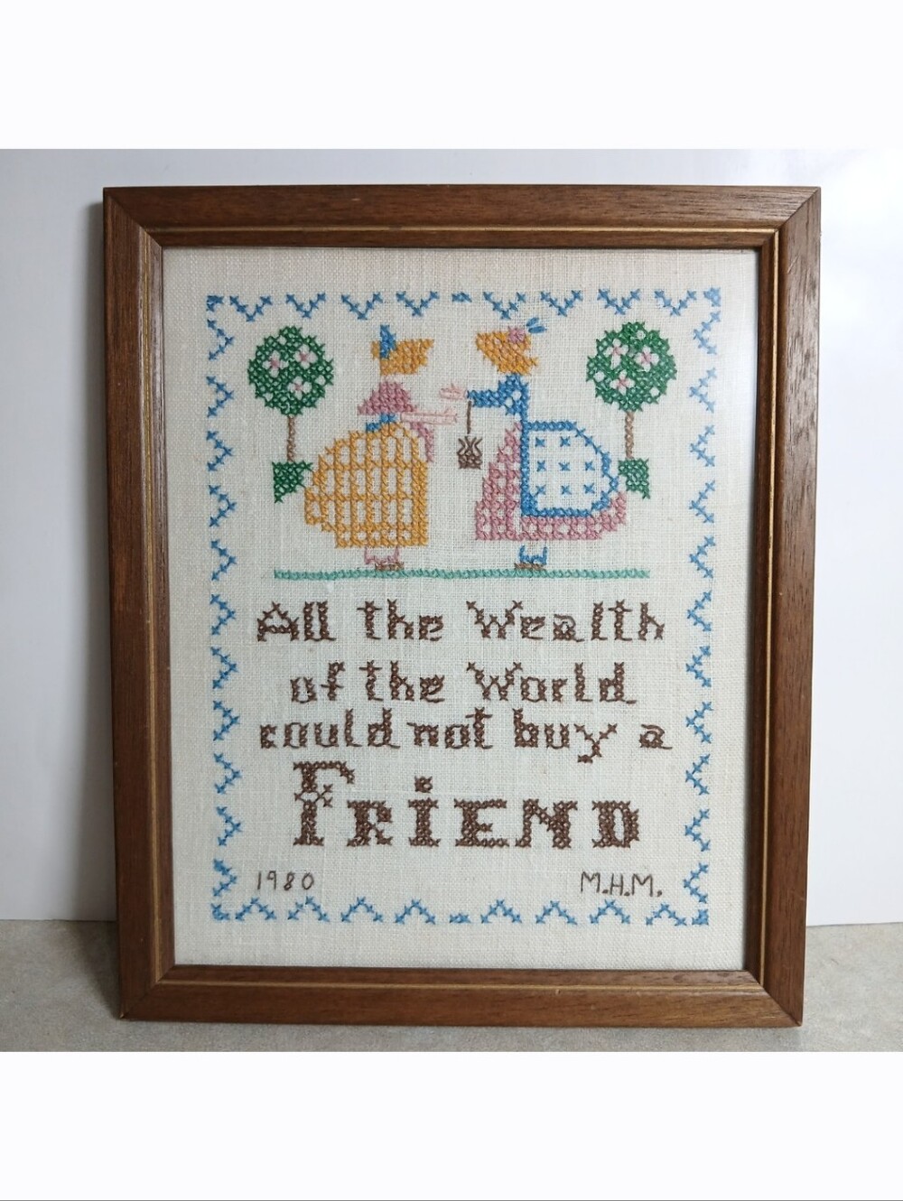 Vintage Hand Made Cross Stitch Framed Wall Hanging Friends Ladies Cottagecore